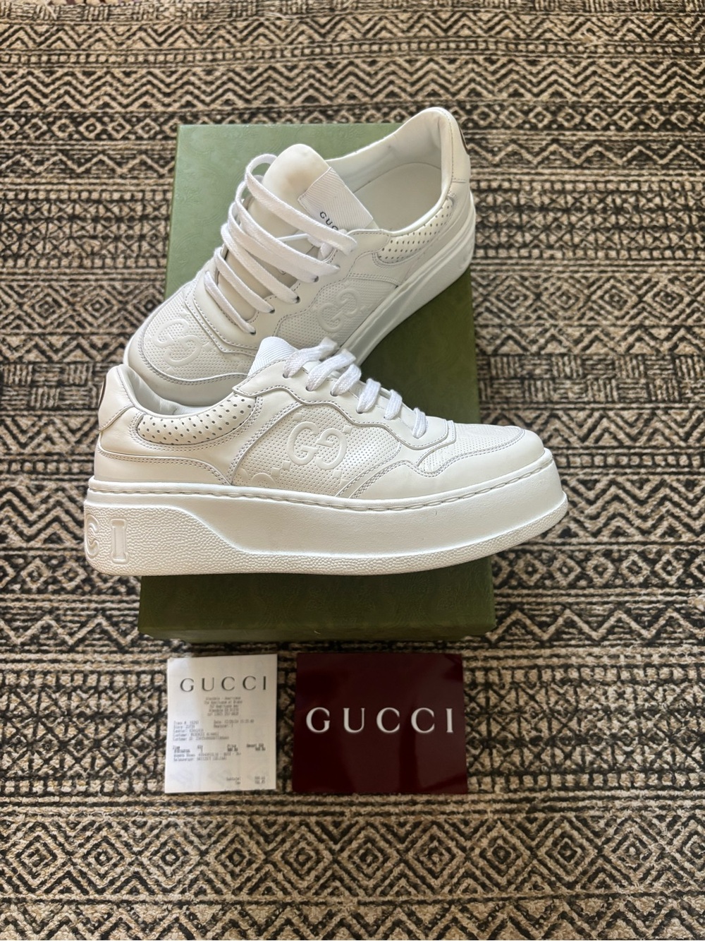 Gucci White Leather Platform Sneakers with Embossed GG